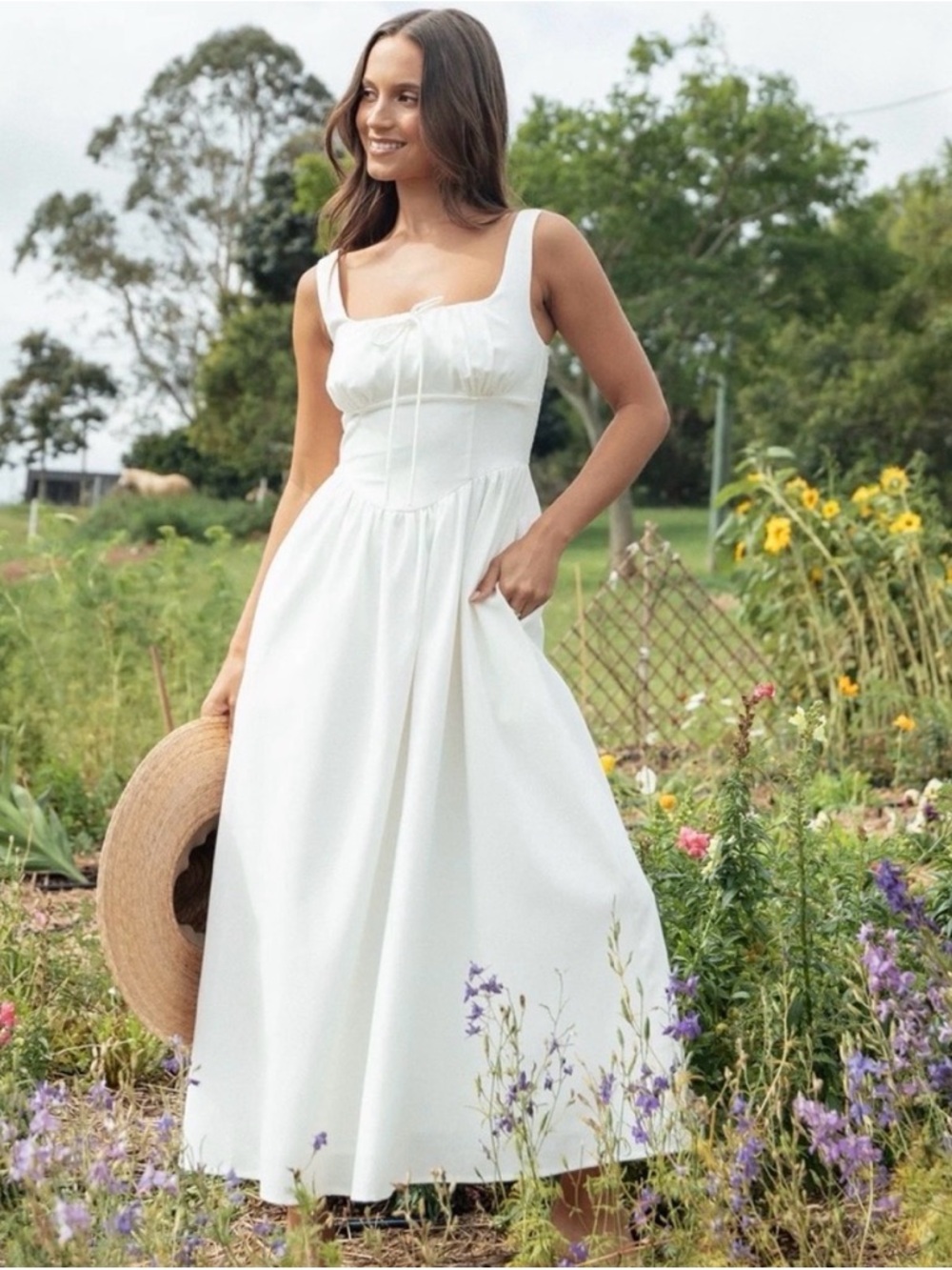 Petal & Pup White Square-Neck Midi Dress with Bow